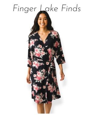Flora Nikrooz Black Floral Wrap Robe with Pink Roses, XL